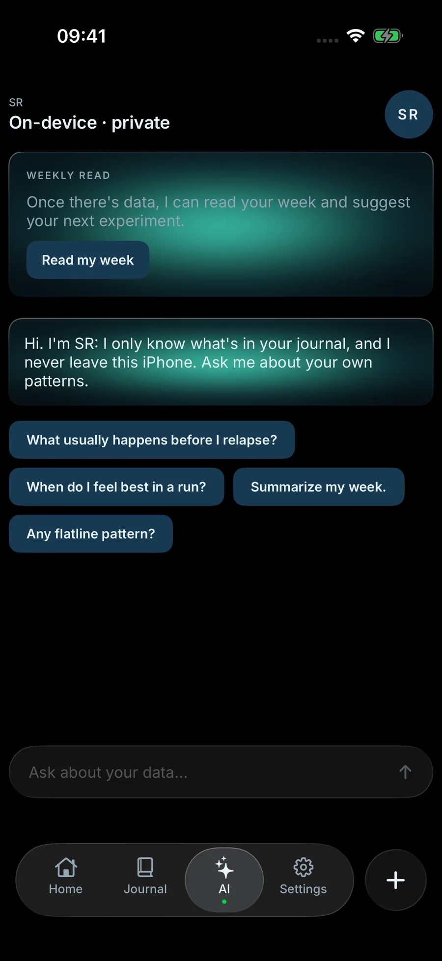 SR, the on-device AI, answering from your own journal