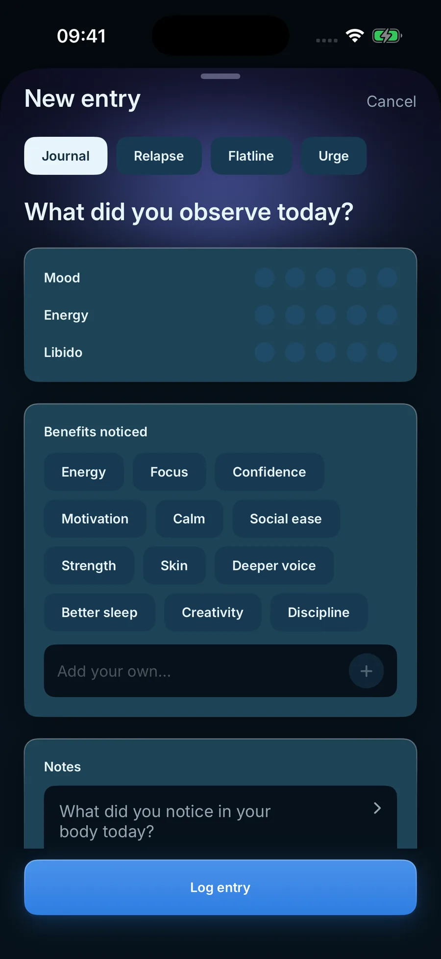 SR App new entry: mood, energy and libido ratings with benefit tags
