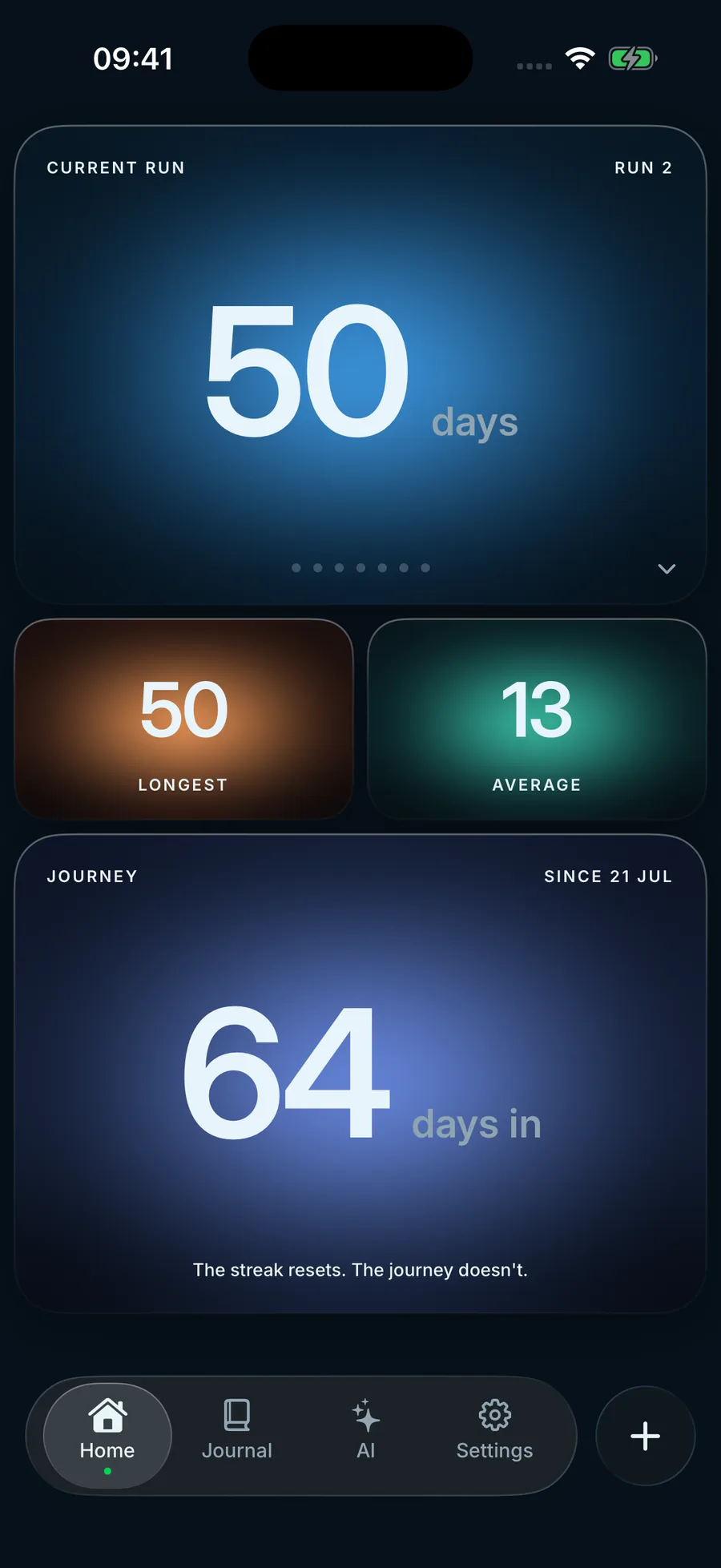 SR App home screen: current run, longest run and total days in
