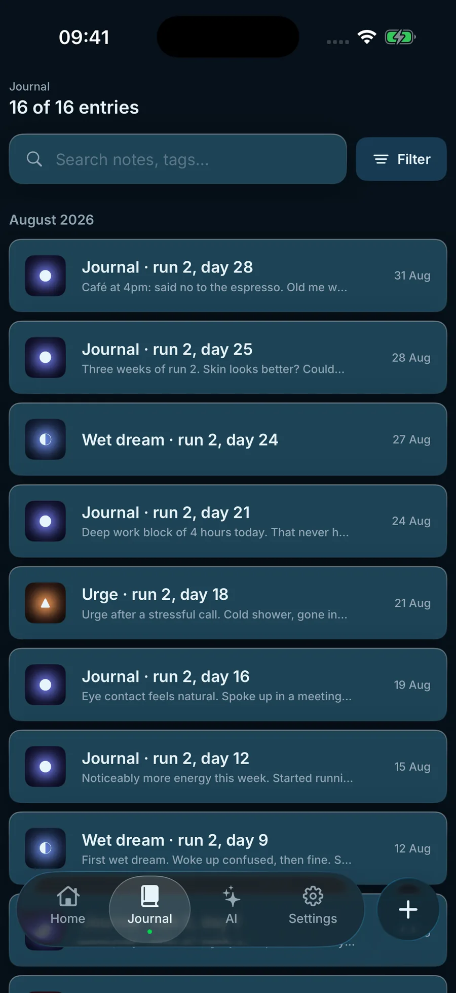 SR App journal: every entry labelled by run and day, searchable